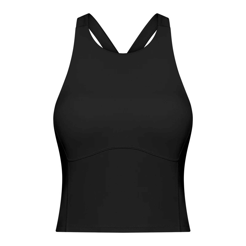 Black sports elastic women's tank top with built-in bra, breathable nylon-spandex blend, ideal for fitness and running activities.